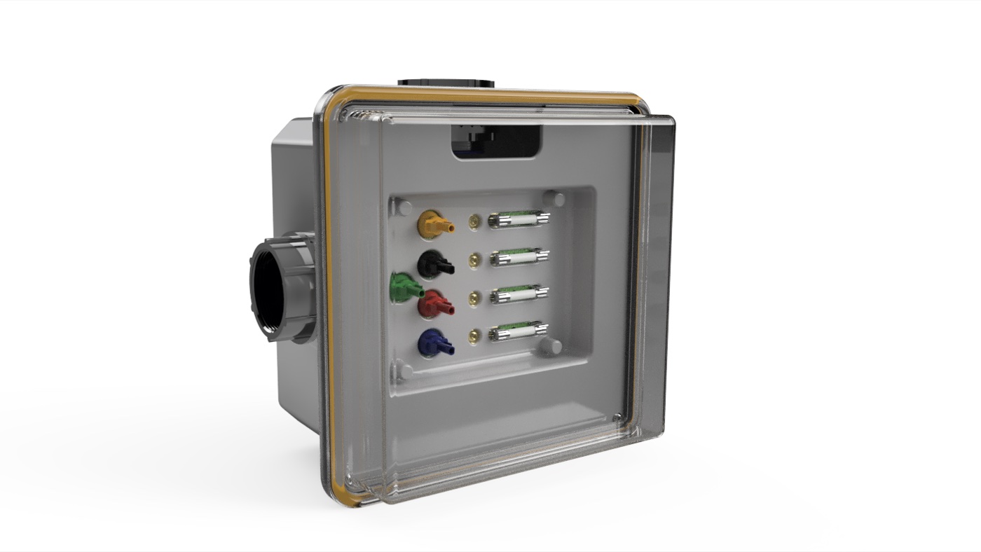 ANEW NEMA 4X junction box — clear cover, MC4 ports and fused connections