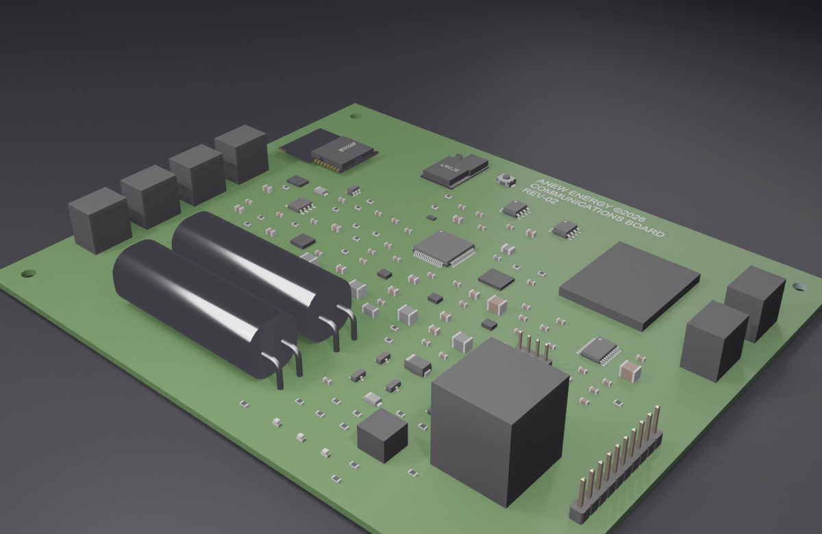 ANEW Communications Module — CAD render of the CAN Bus + LoRa PCB with onboard battery backup