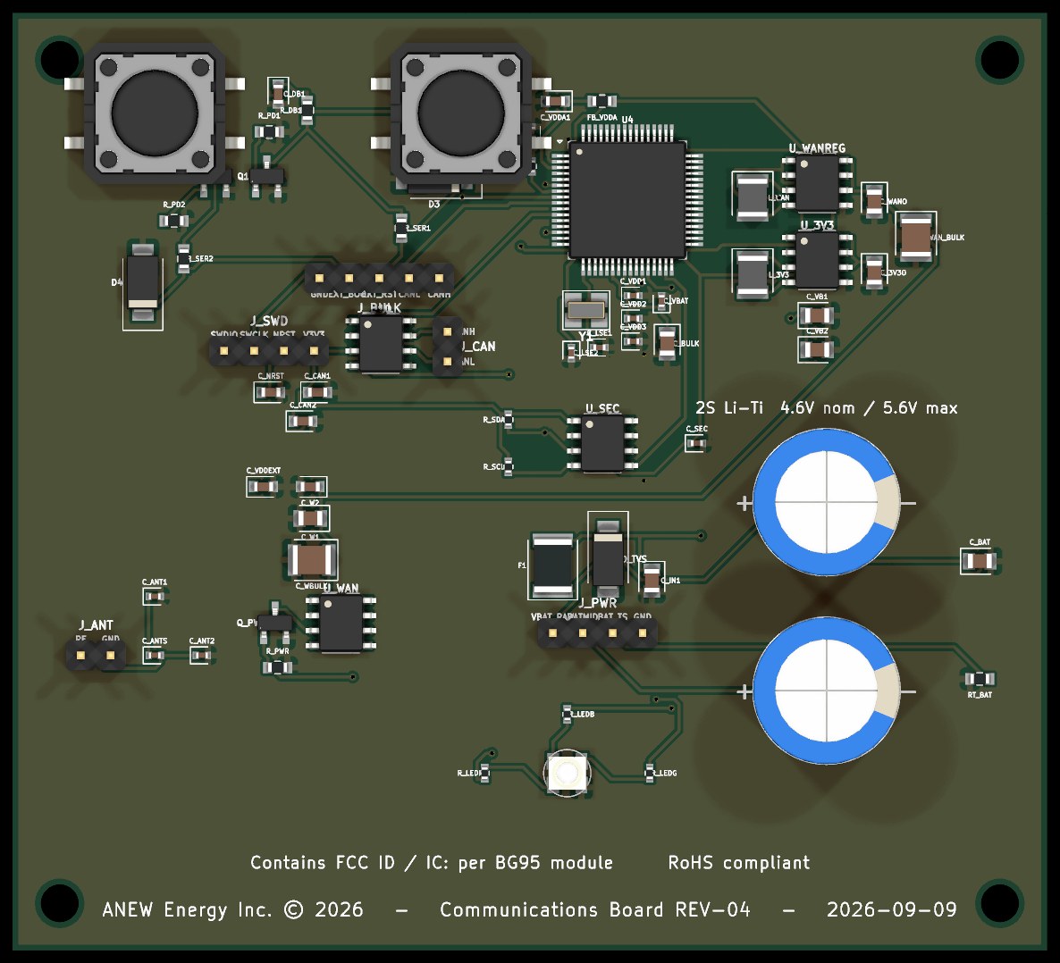 ANEW Communications Board REV-04, plan view: microcontroller, secure element, cellular module footprint, CAN and power headers, and two supercapacitor ride-through cells