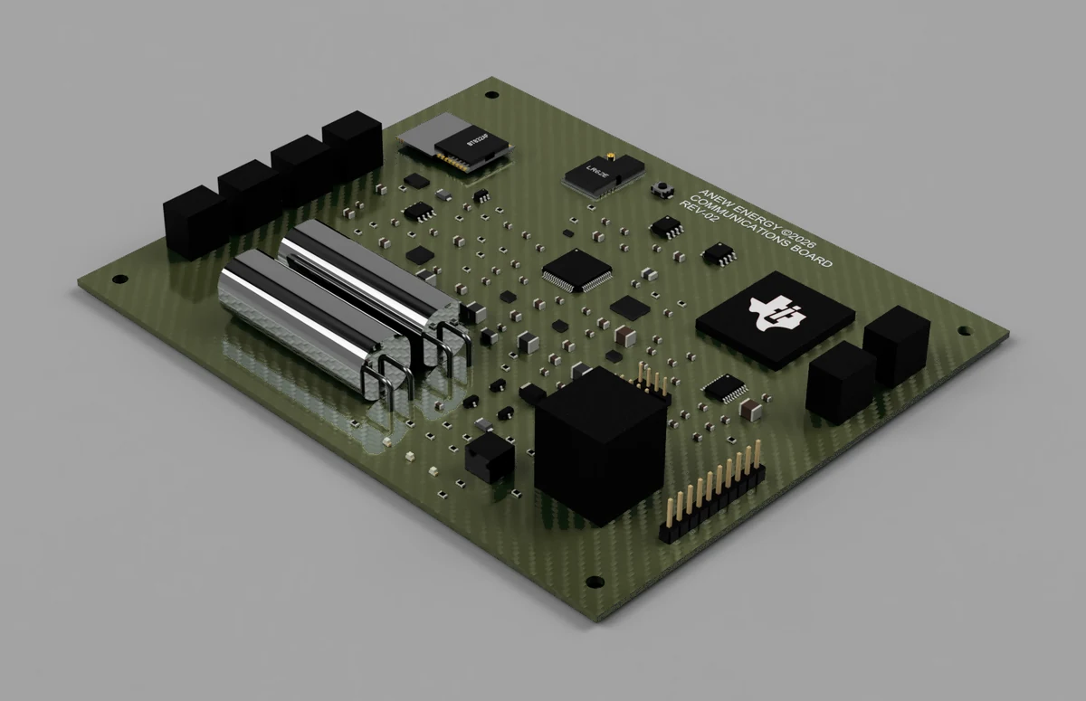 ANEW Communications Platform — populated circuit board with screw terminals, radio modules, ride-through cells and expansion headers, studio render