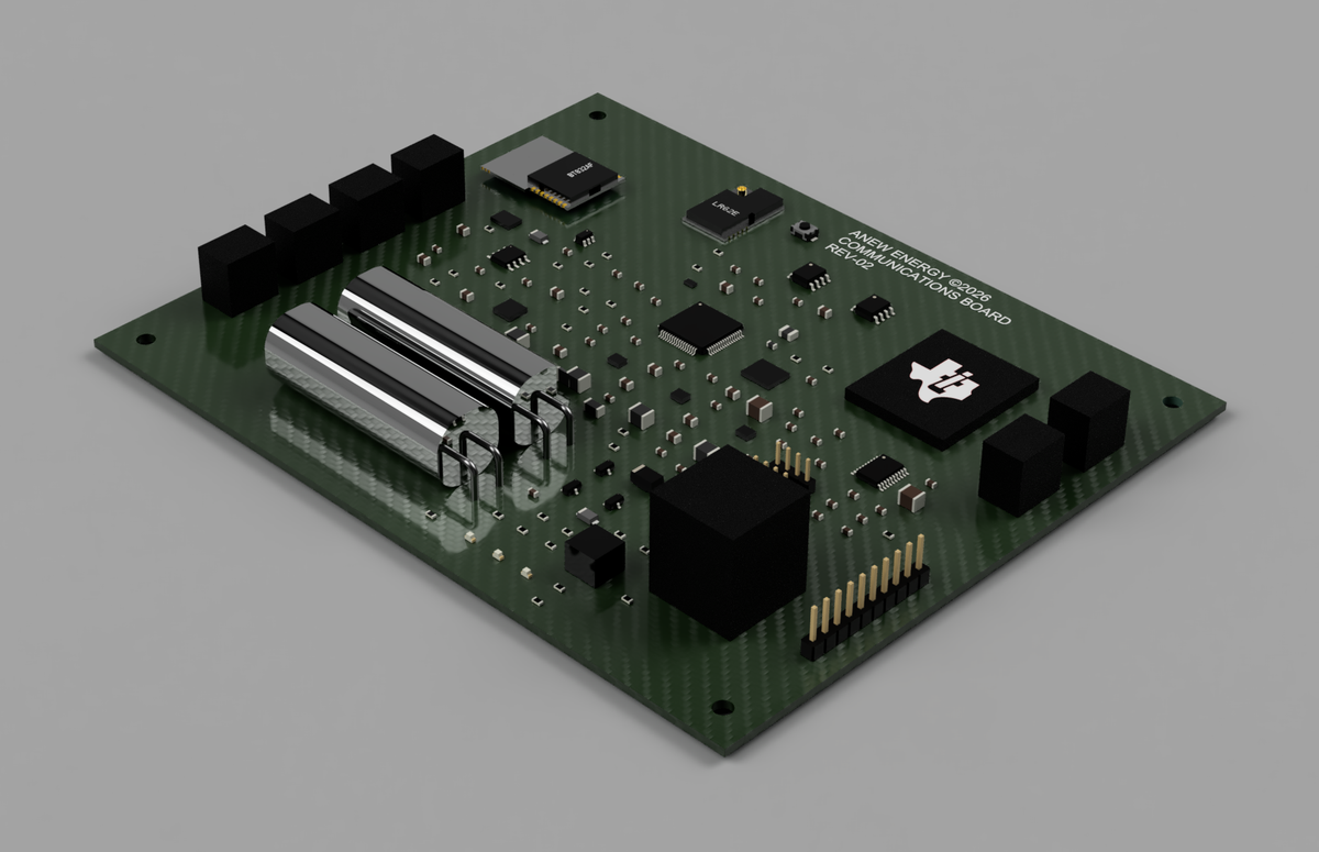 ANEW Communications Platform — populated circuit board with screw terminals, radio modules, ride-through cells and expansion headers, studio render