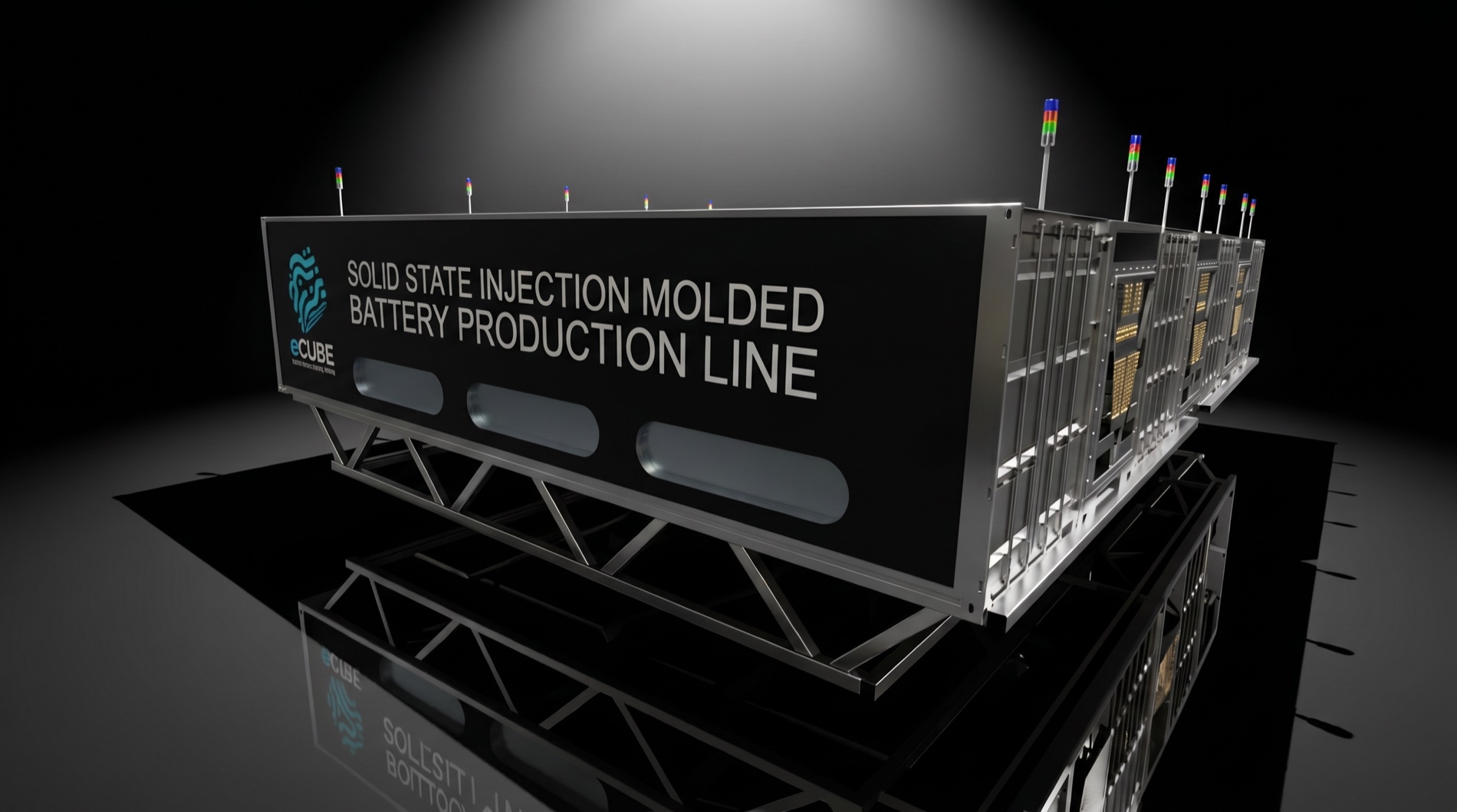 The eCUBE solid-state injection-molded battery production line — lights-out robotic cells in a sealed, controlled enclosure