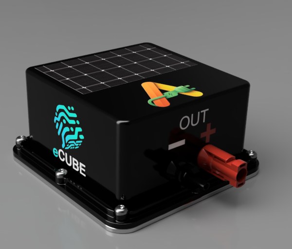 The ANEW eCUBE node: a sealed black enclosure with a solar cell on top and an output connector, housing the communications board