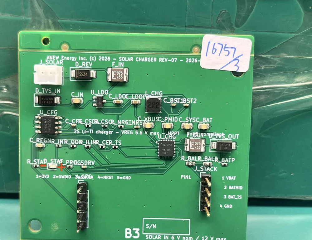 e-Cube B3 solar charger board REV-07, assembled prototype, two-cell lithium-titanate charger with MPPT