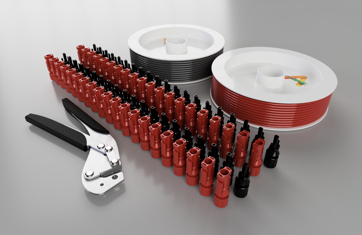 ANEW Installation Kit — ratcheting crimp tool, rows of red and black MC4-compatible connectors, and red and black PV cable spools, studio render
