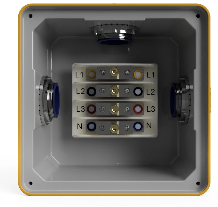 ANEW J-Box with the cover removed — a terminal block labelled L1, L2, L3 and N on both the left and right side, bridged by clamped bus bars down the centre, with a colour ring at each terminal