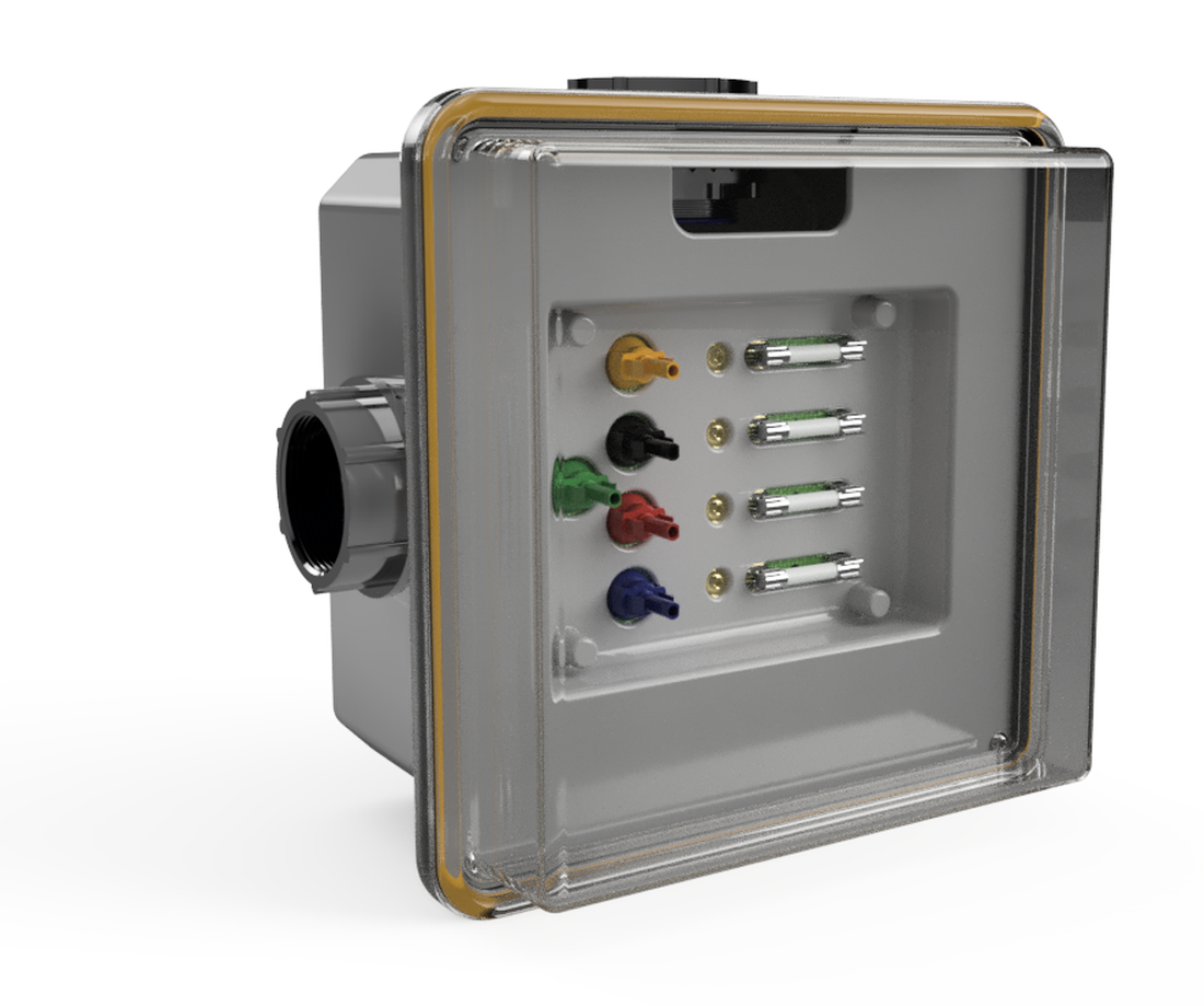 ANEW Junction Box — sealed NEMA 4X enclosure with its clear plastic cover on, shown at a three-quarter angle: a 2-inch conduit hub on top, a threaded conduit gland on the left side, a yellow perimeter gasket, and the colour-coded MC4-style connectors and four fuse holders visible through the cover, studio render