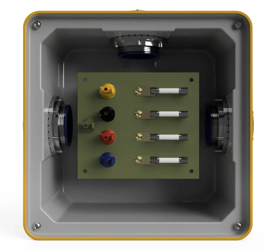 ANEW J-Box with the cover removed — the carrier board holding colour-coded MC4-style connectors on the left and four fuse holders on the right