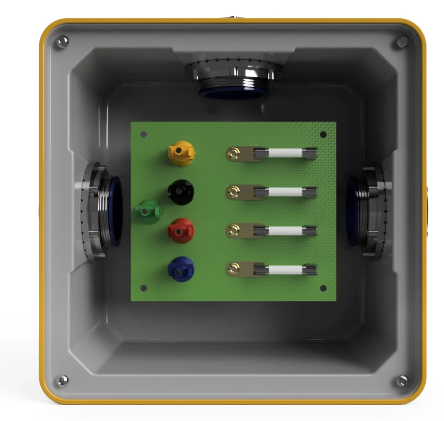 ANEW J-Box with the cover removed — the carrier board holding colour-coded MC4-style connectors on the left and four fuse holders on the right