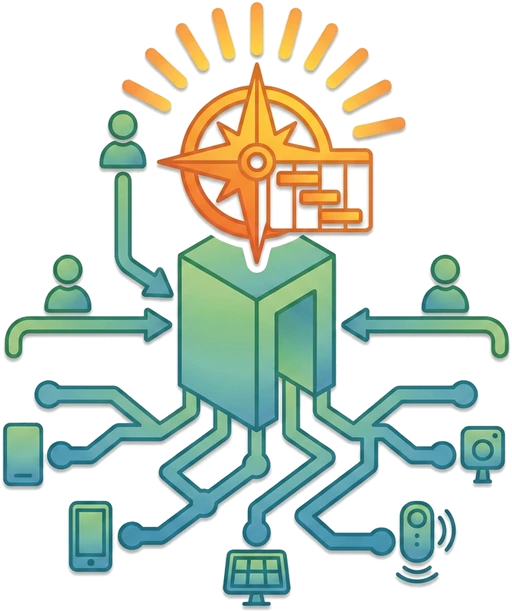 ANEW eScout symbol — a compass and site plan over a connected device network