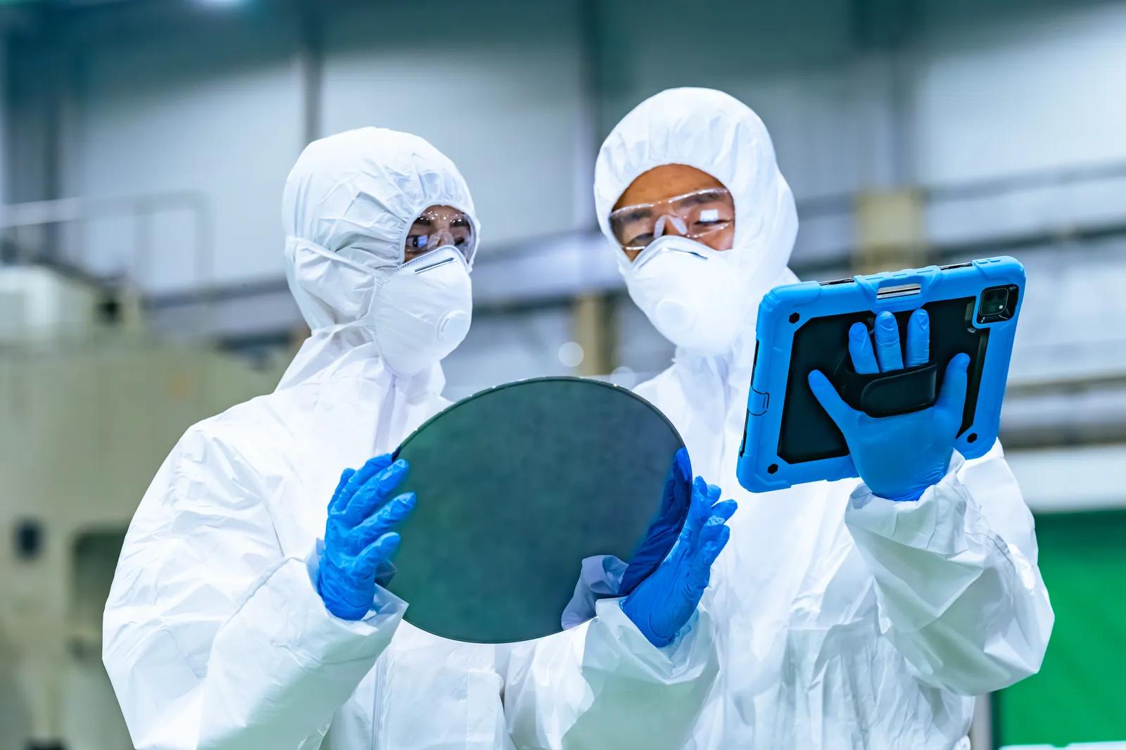 Technicians in protective clothing inspecting silicon wafers in a semiconductor factory