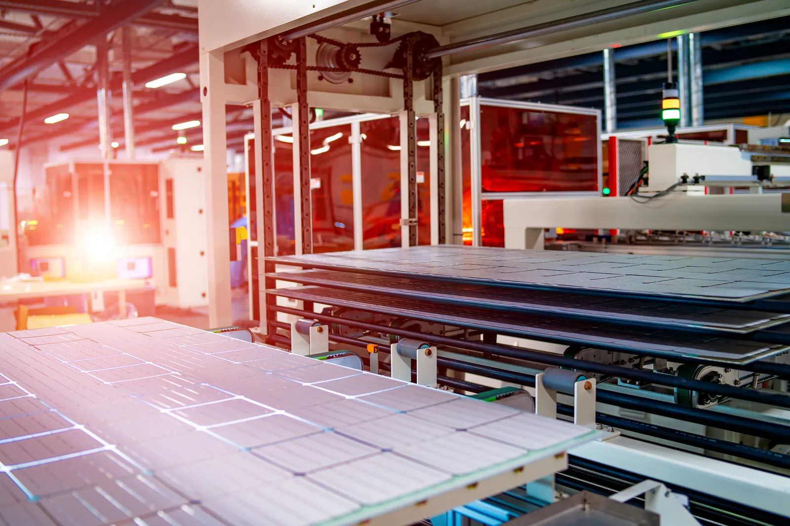 Solar panel production line inside a manufacturing plant
