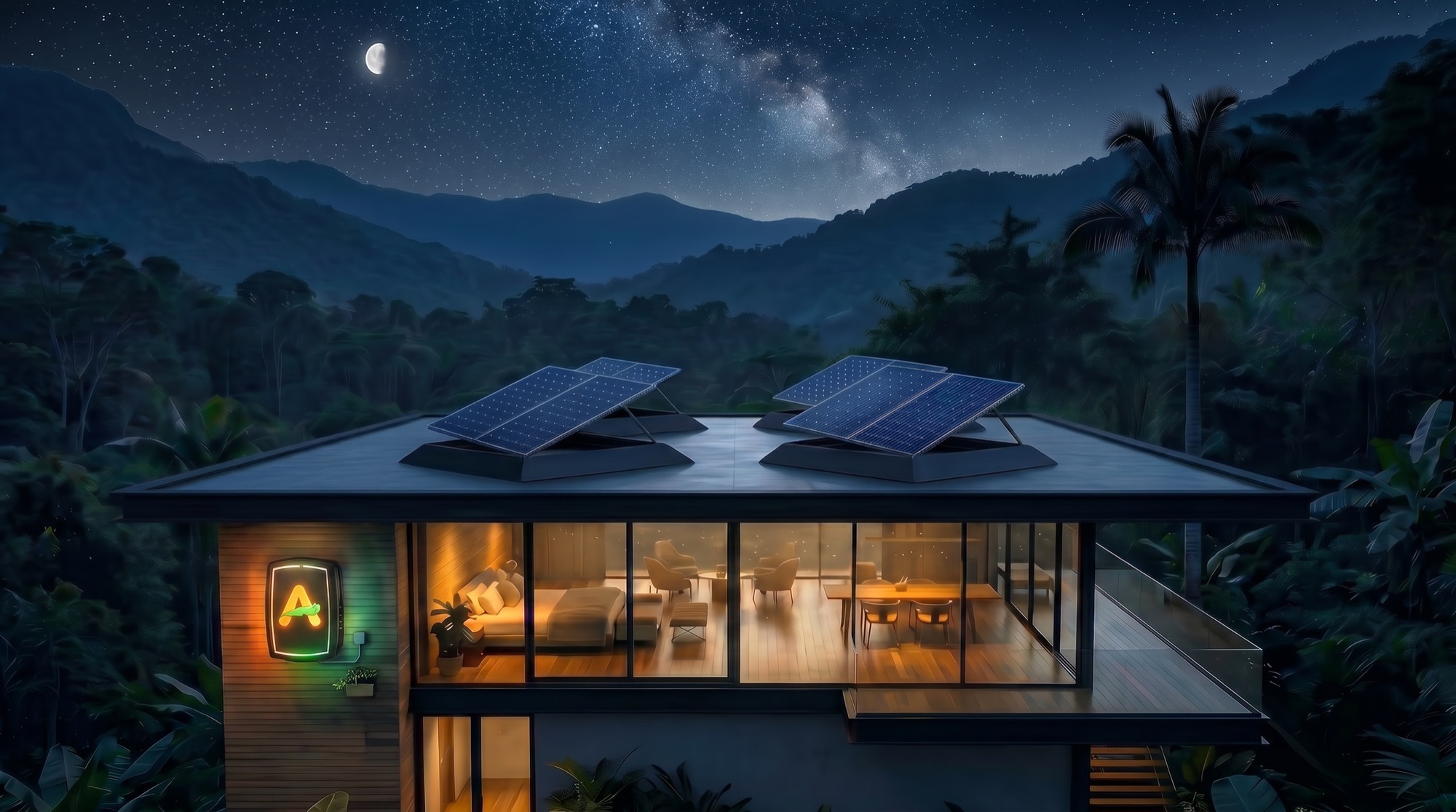 ANEW Power Pack mounted beside a rainforest home, its charge ring glowing warmly at dusk