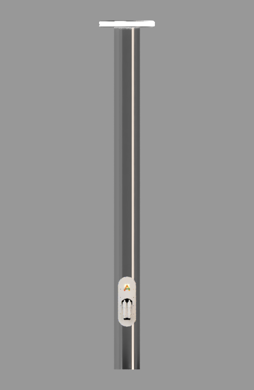 ANEW Power Pole — slender charging pole with the Isolated Transformer dish on top, a full-height light strip and the ANEW badge above its plug bay, studio render