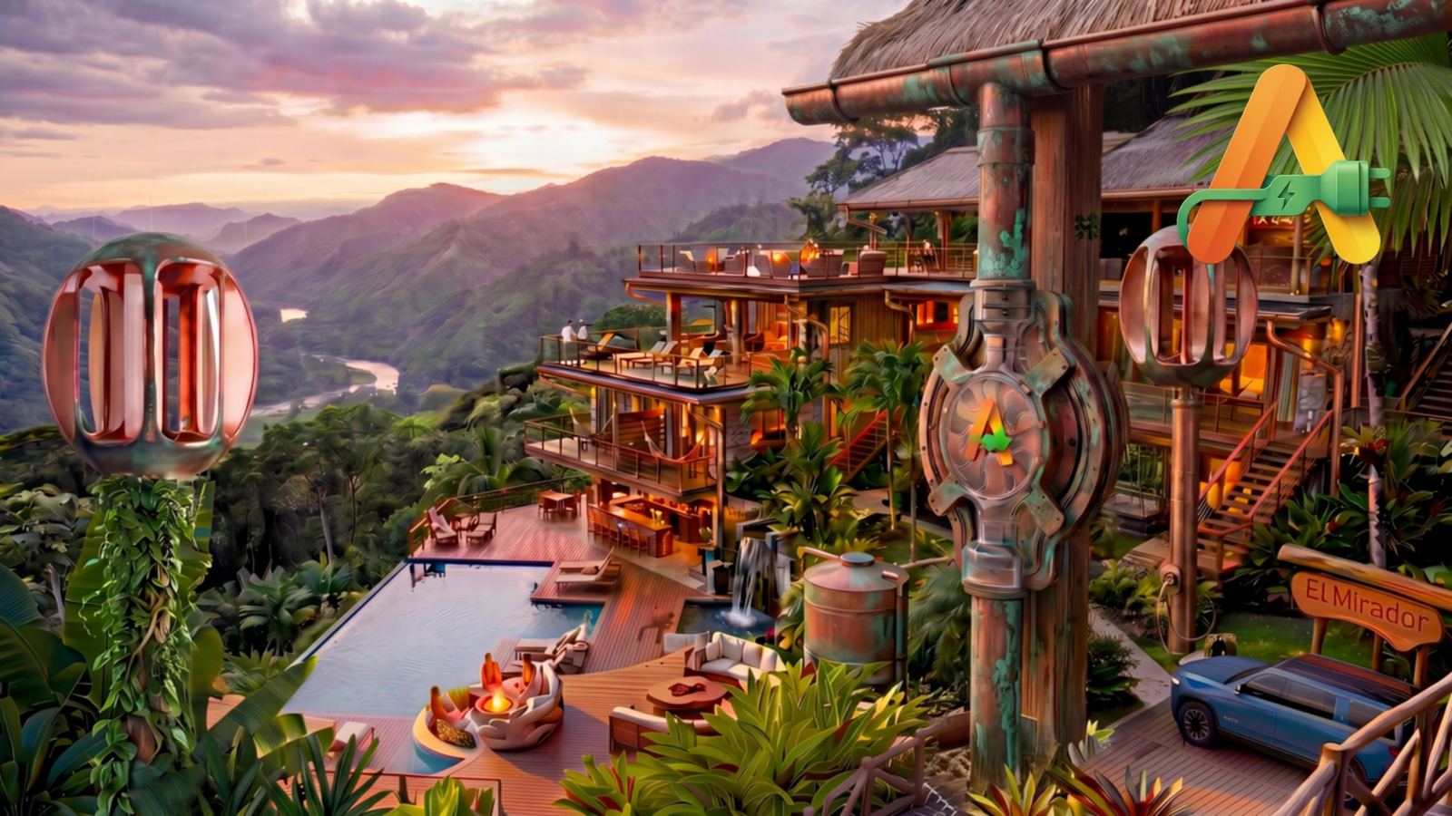 ANEW Power Pole charging an EV at dusk, its transformer dish glowing