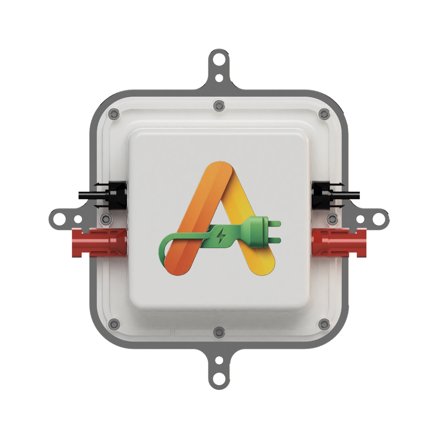 ANEW Solar Cube — weatherproof enclosure with dual MC4 solar inputs and outputs, mounting tabs and the ANEW badge, studio render