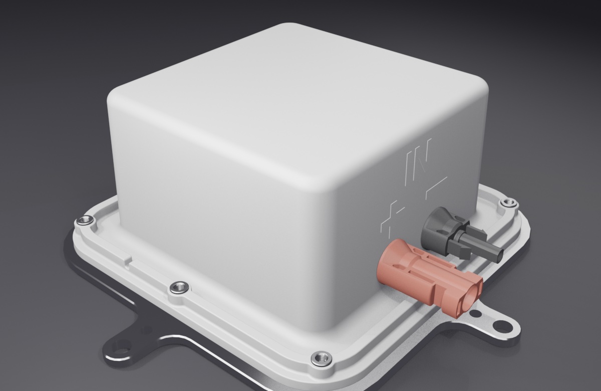 ANEW Solar Cube — CAD render showing the NEMA-rated enclosure with dual MC4 in/out connectors