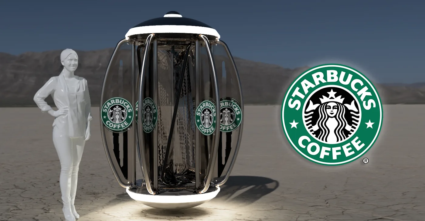 Render conceptual de una turbina e&oacute;lica de ANEW con marca privada para Starbucks