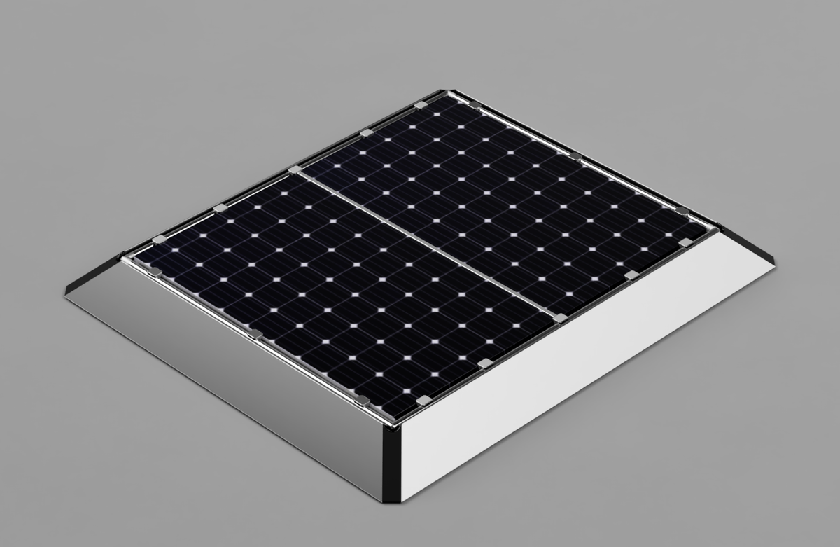 ANEW Solar Tracker in the stowed position — two bi-facial solar panels folded down flush inside a low stainless and aluminium protective frame, seen from above at a three-quarter angle, with the panel clamps and perimeter rails visible around the array, studio render