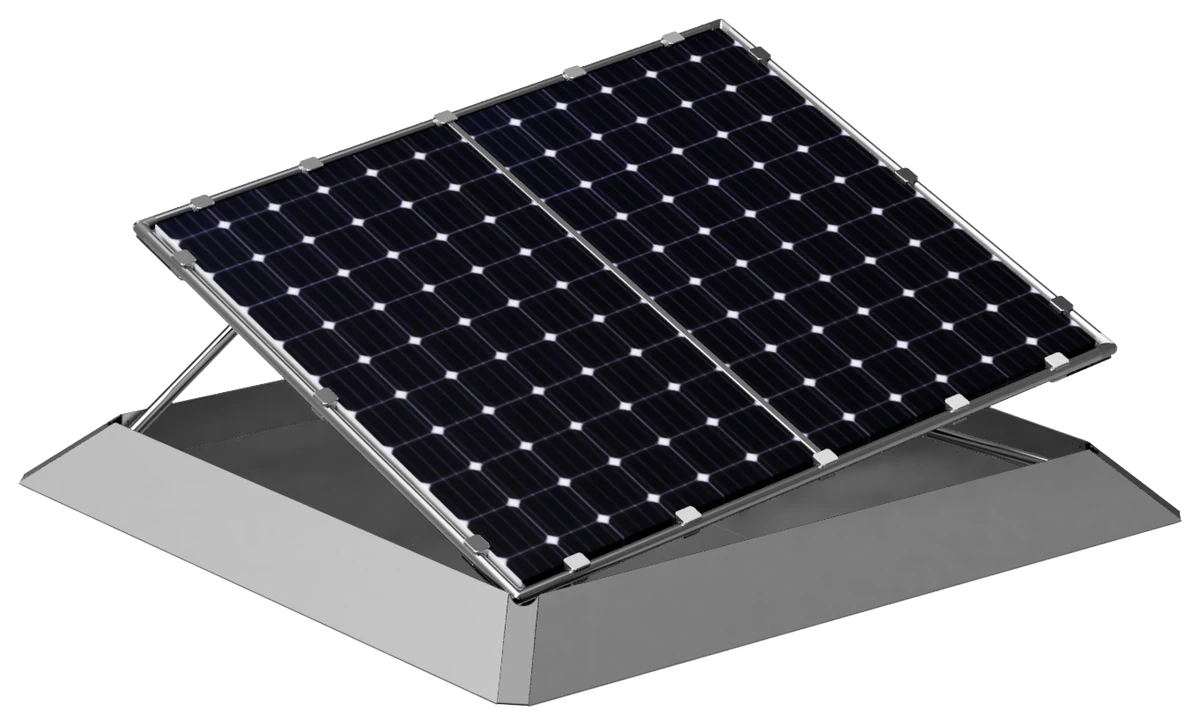 ANEW Solar Tracker in the open position — the two bi-facial panels raised out of the protective frame on a pneumatic ram and braced by two struts, tilted toward the sun, with the frame's reflective inner surface facing the panel backs