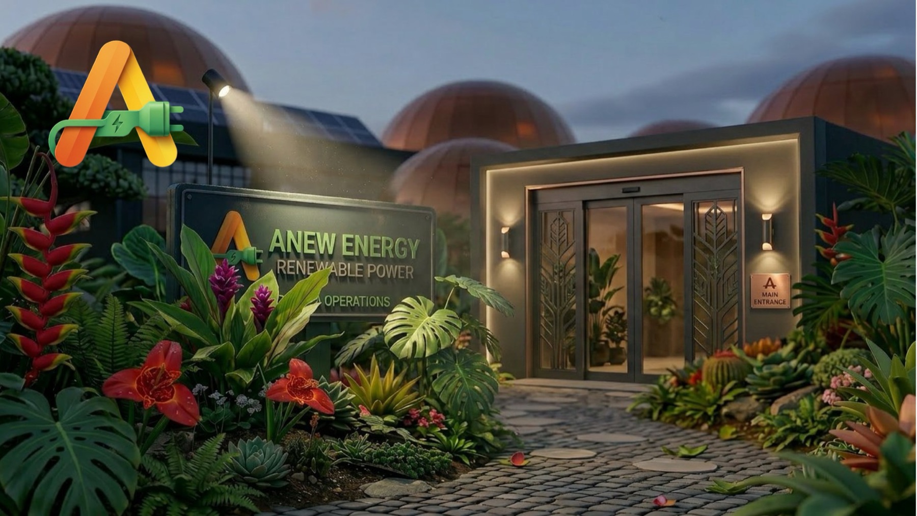 The ANEW Energy Renewable Power operations entrance — copper domes and gardens at dusk