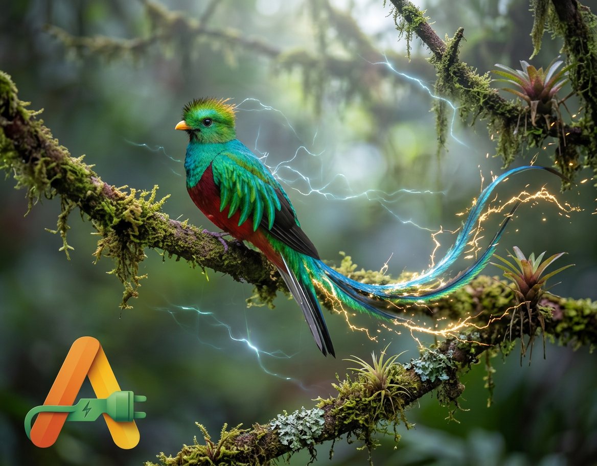 A resplendent quetzal on a mossy branch, energy tracing along its tail