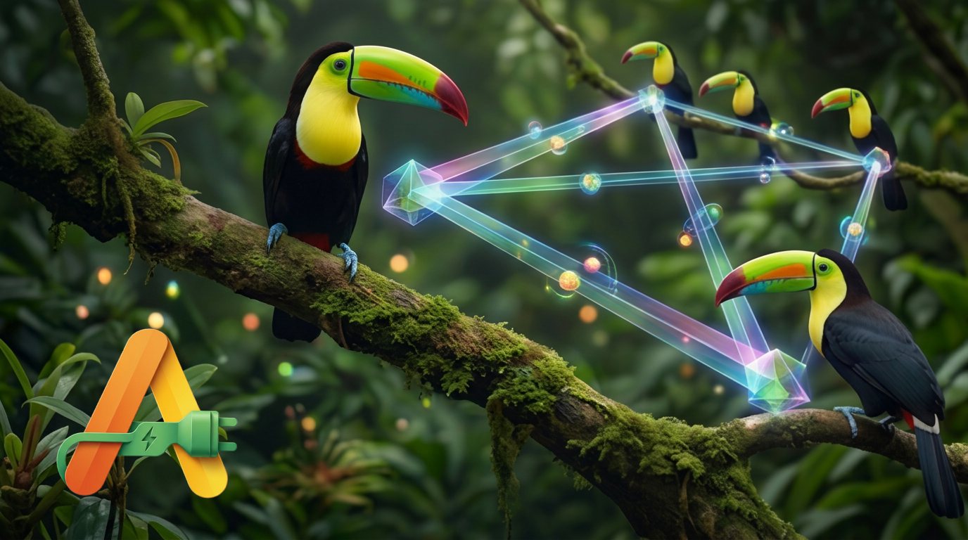 Keel-billed toucans on a rainforest branch, linked by a glowing mesh network