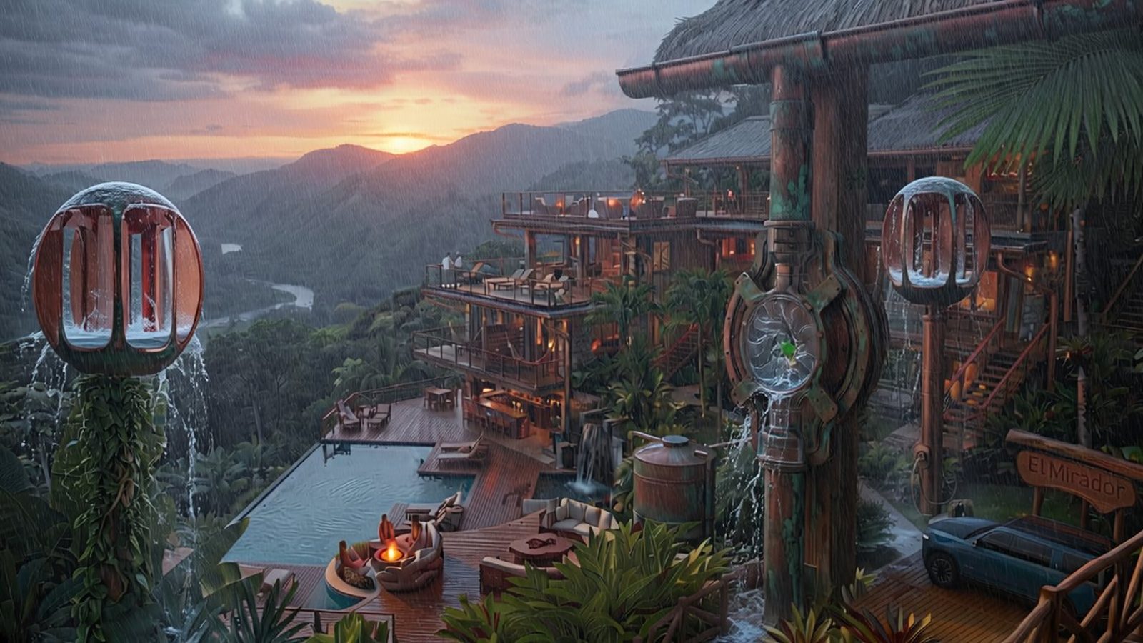 El Mirador in the rain at sunset, water turbines generating beside the pool deck