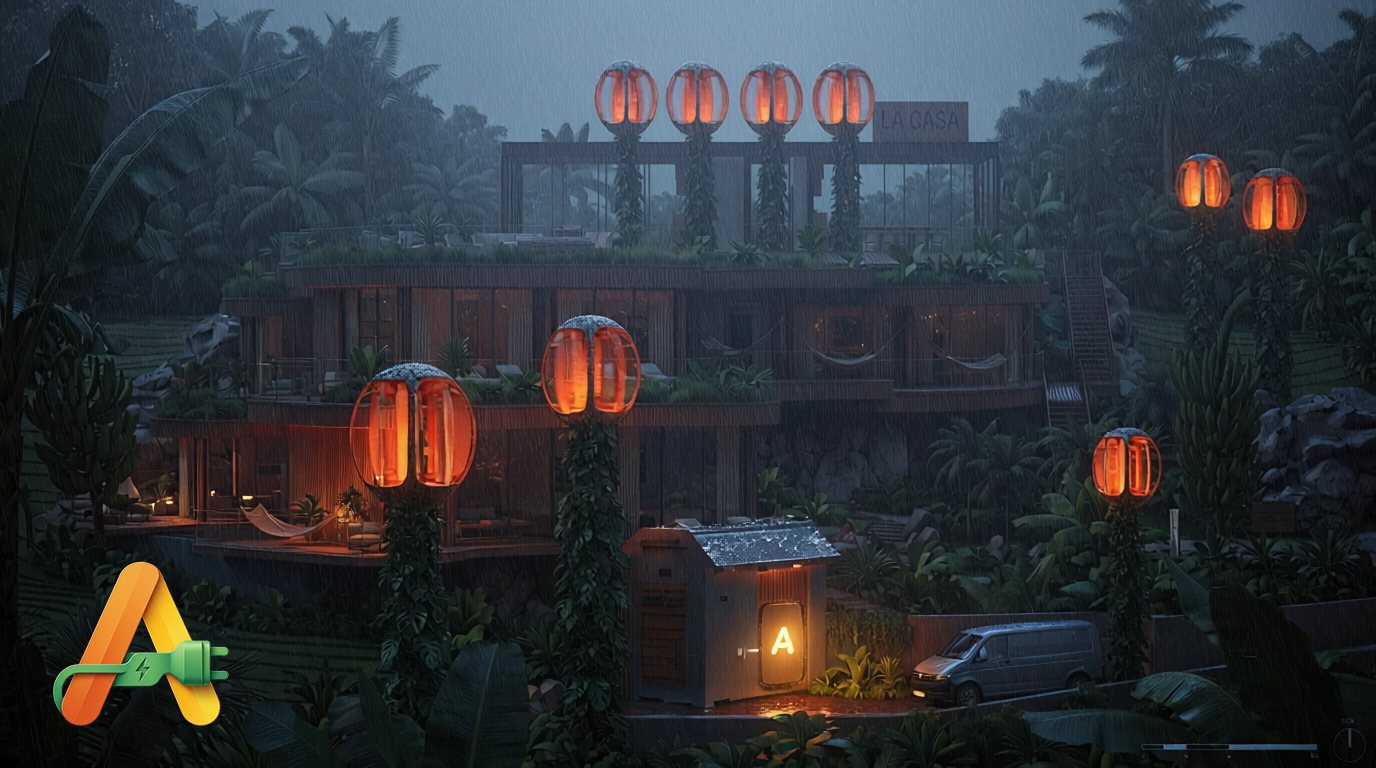 Heavy night rain over El Mirador, the site still fully lit