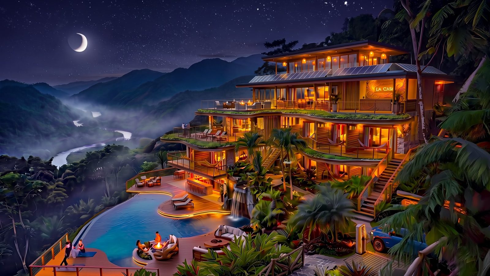 El Mirador lit at night above the valley, running entirely on ANEW power