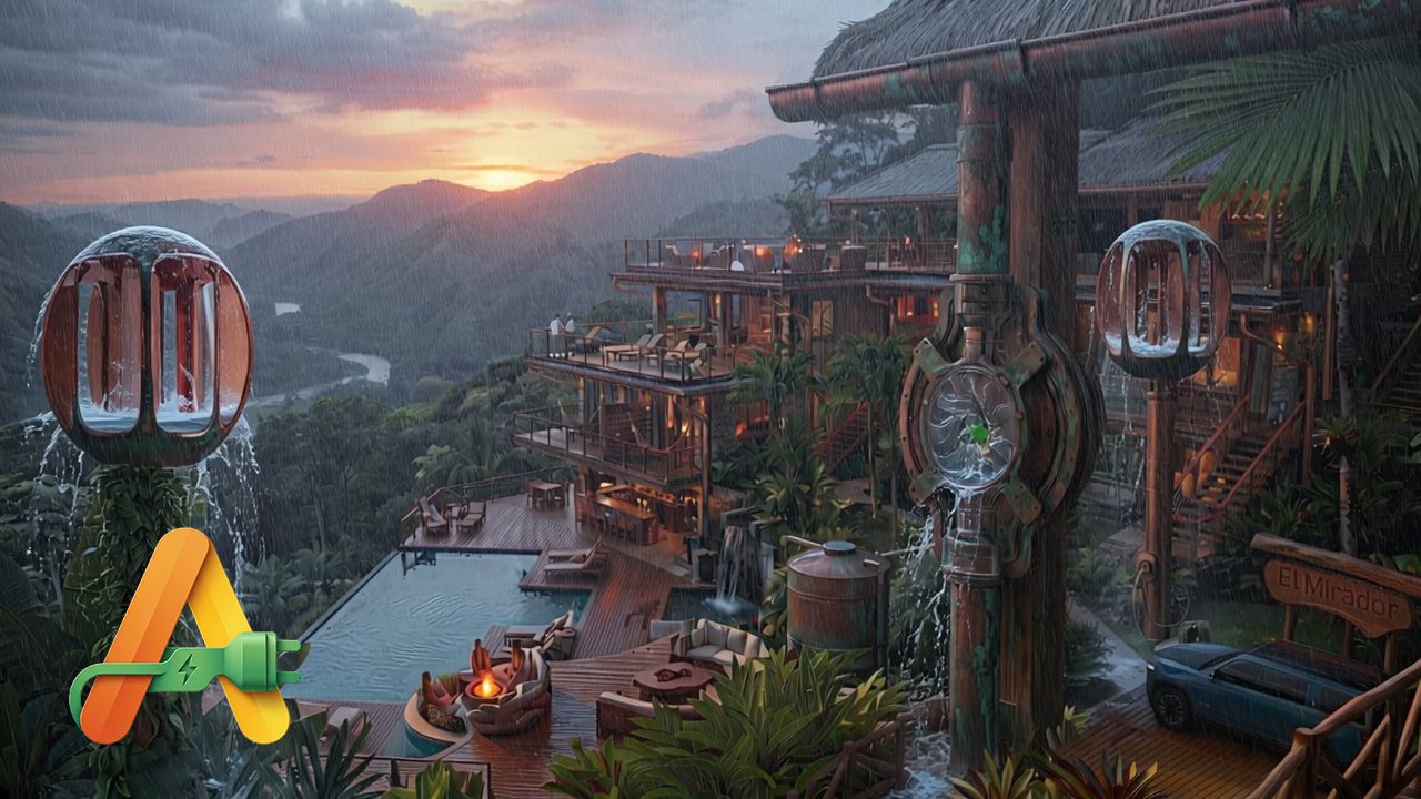 El Mirador in the rain at sunset, water turbines generating beside the pool deck