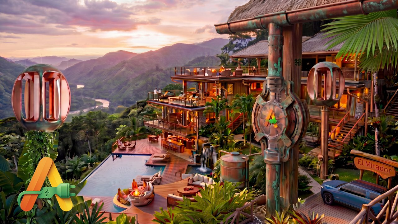 El Mirador at sunset, the full system running across the site