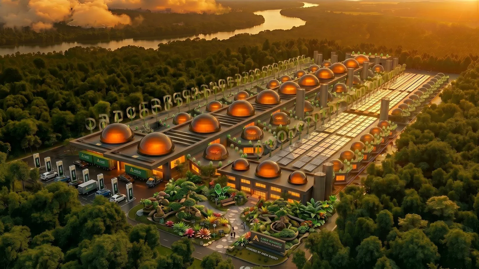 Aerial rendering of the ANEW copy factory at golden hour — production halls under domes, rooftop solar array, EV charging bays and truck docks, set in tropical forest