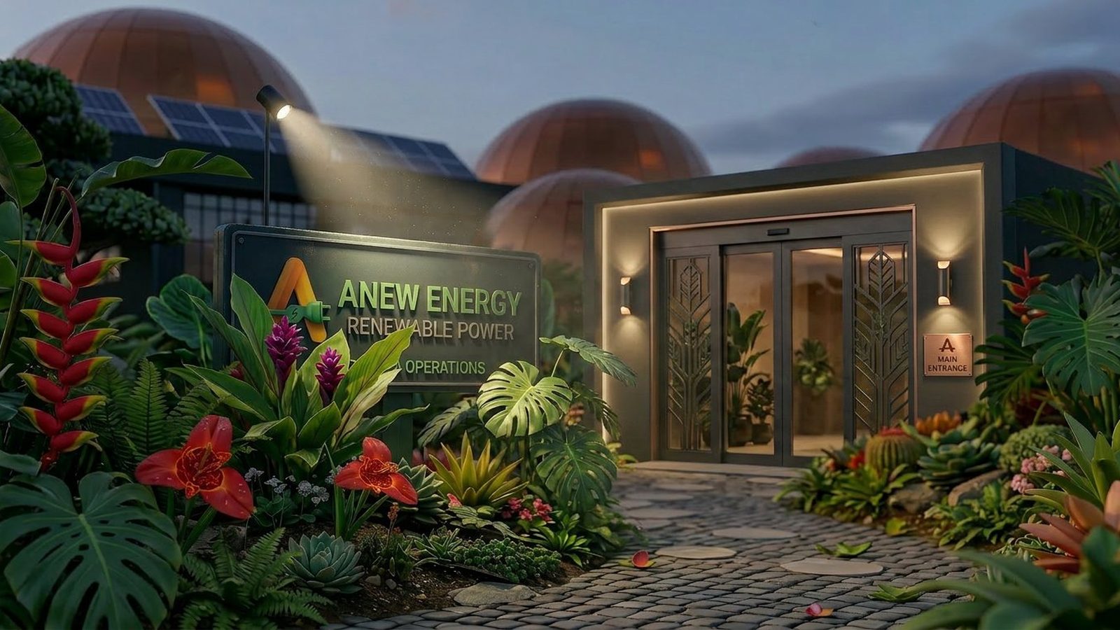 The ANEW Energy operations entrance at dusk