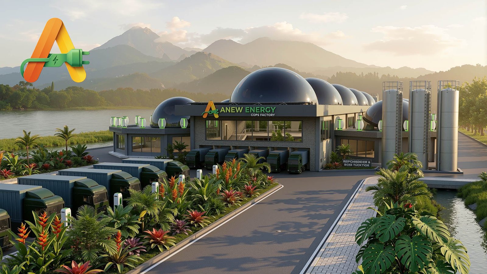 The ANEW Energy manufacturing facility seen from the front, mountains behind