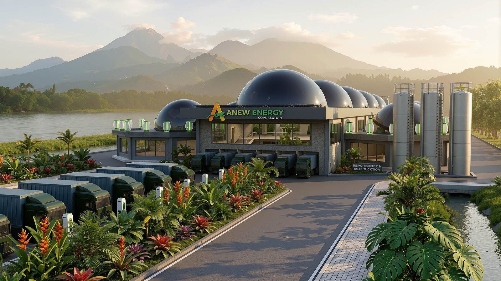 The ANEW Energy manufacturing facility seen from the front, mountains behind