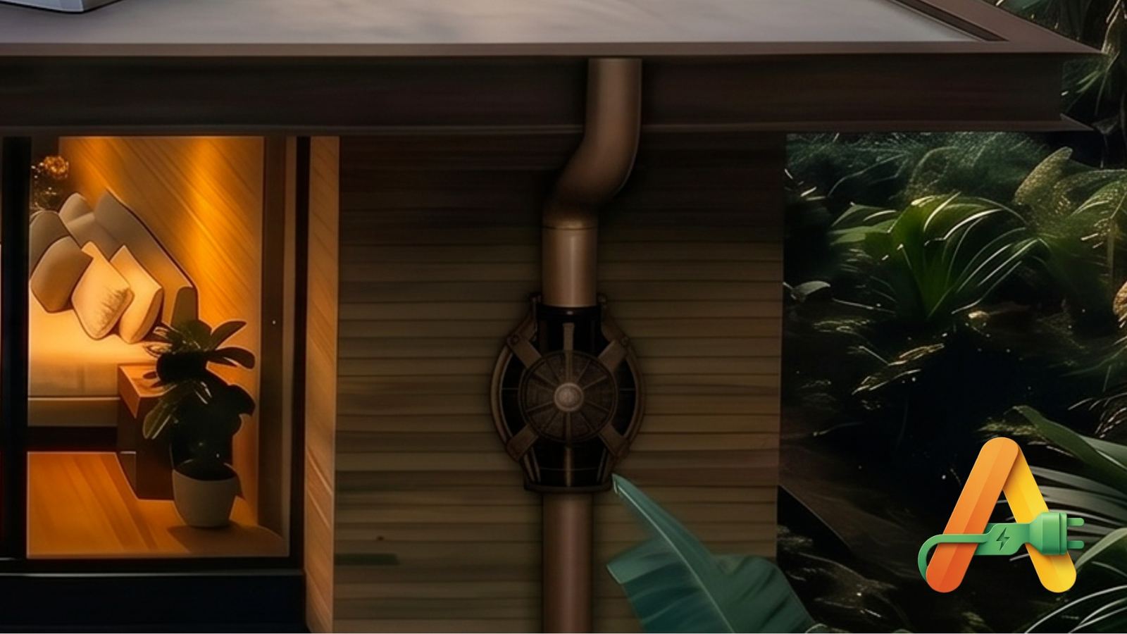 An ANEW water turbine mounted on a home downspout