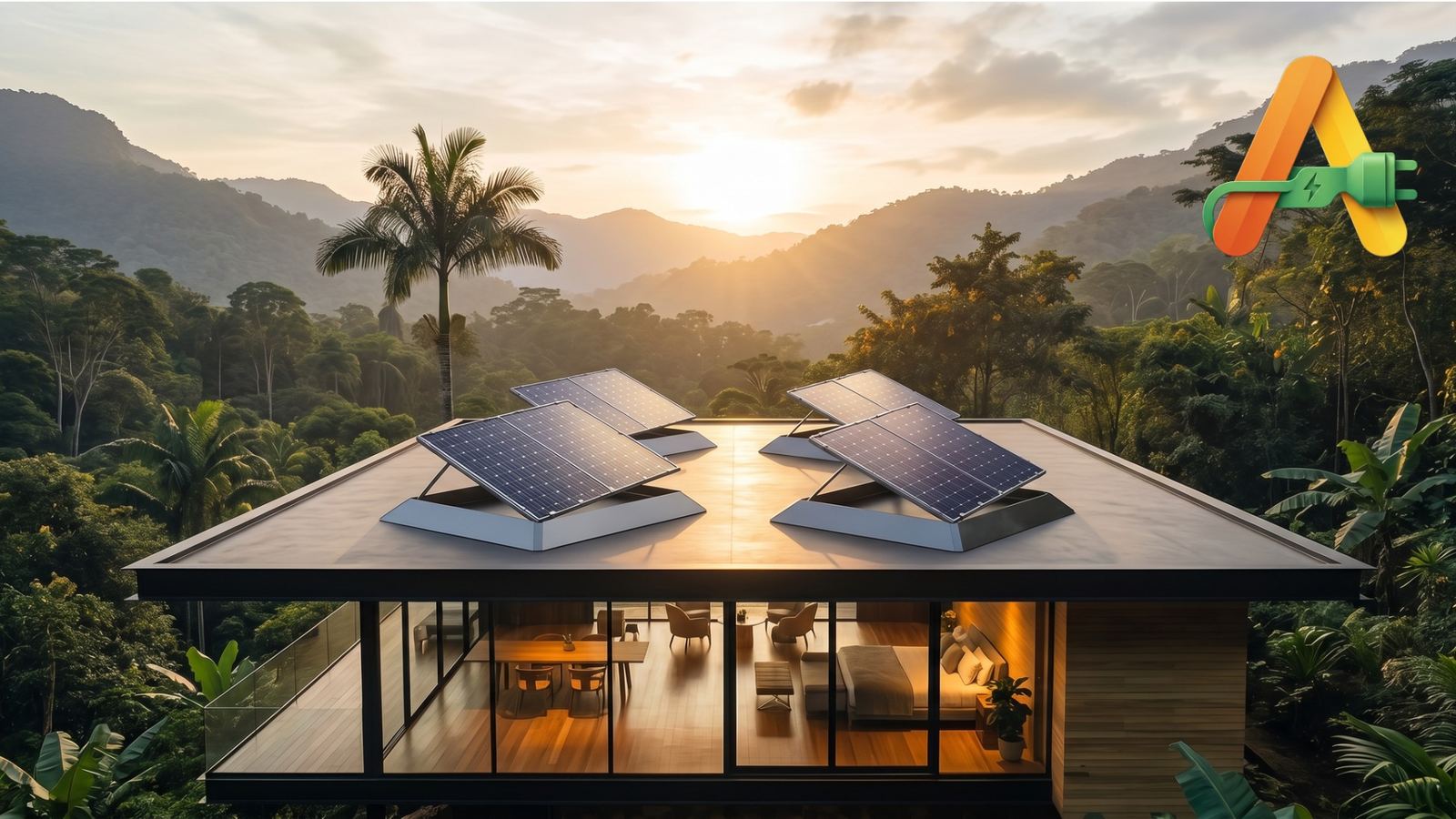 Rooftop solar panels catching the sunrise over a jungle pavilion