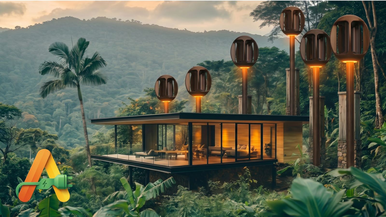 Vertical-axis wind turbines standing over a jungle pavilion at El Mirador