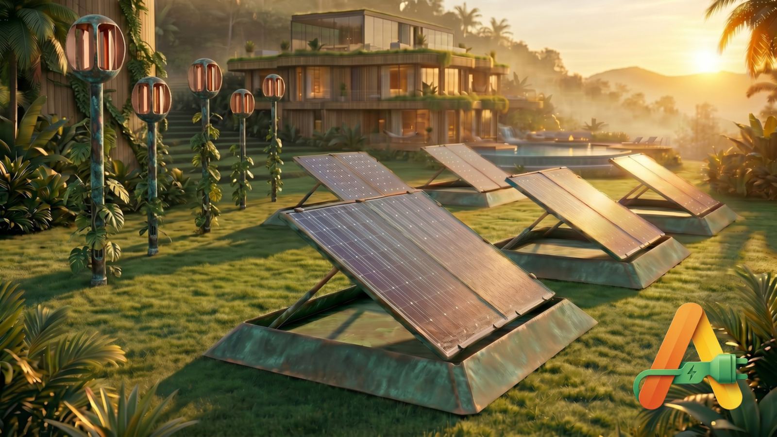 ANEW solar trackers and wind turbines powering a rainforest villa at sunset