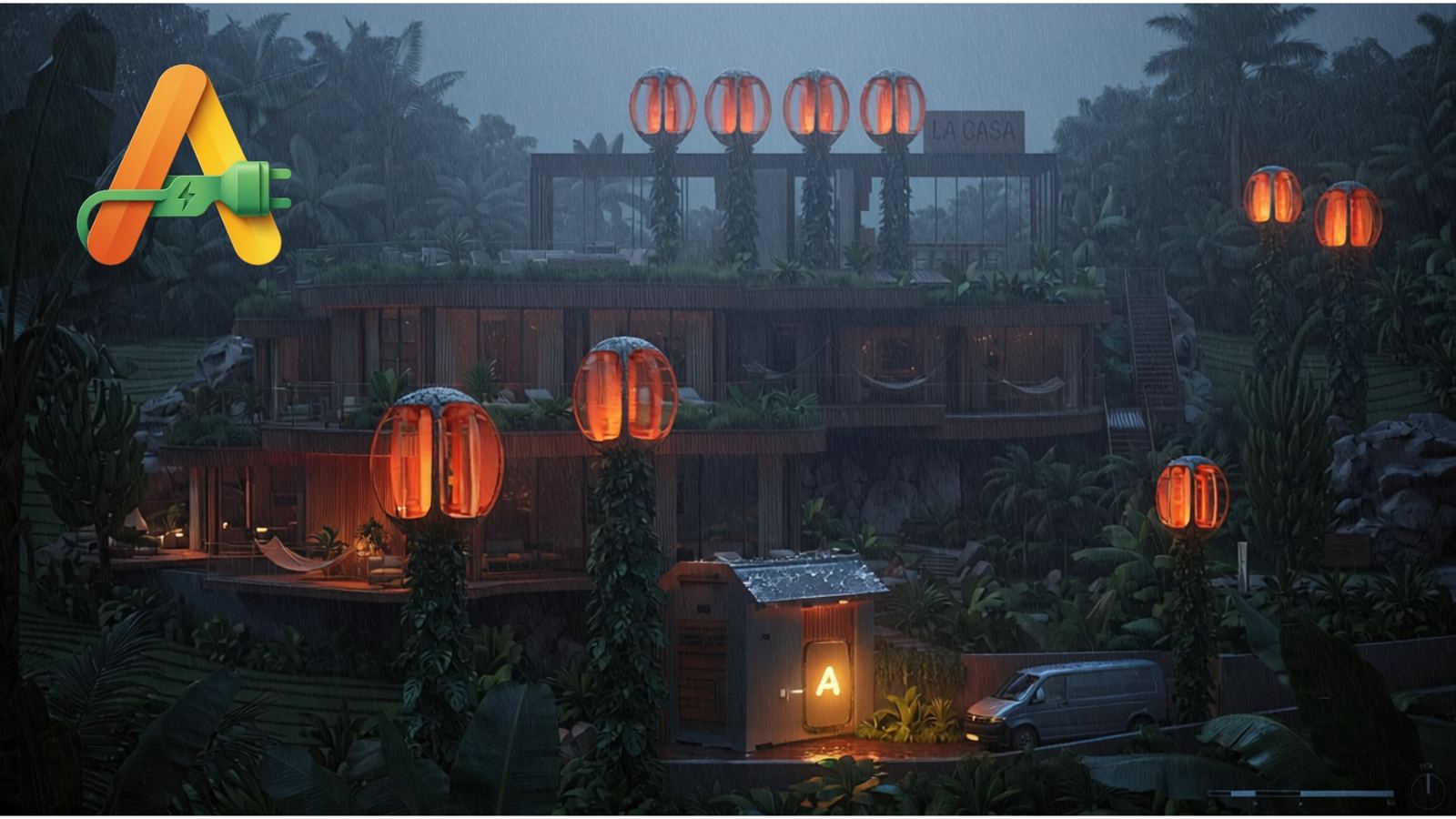 La Casa at night in the rain, powered by ANEW turbines and storage