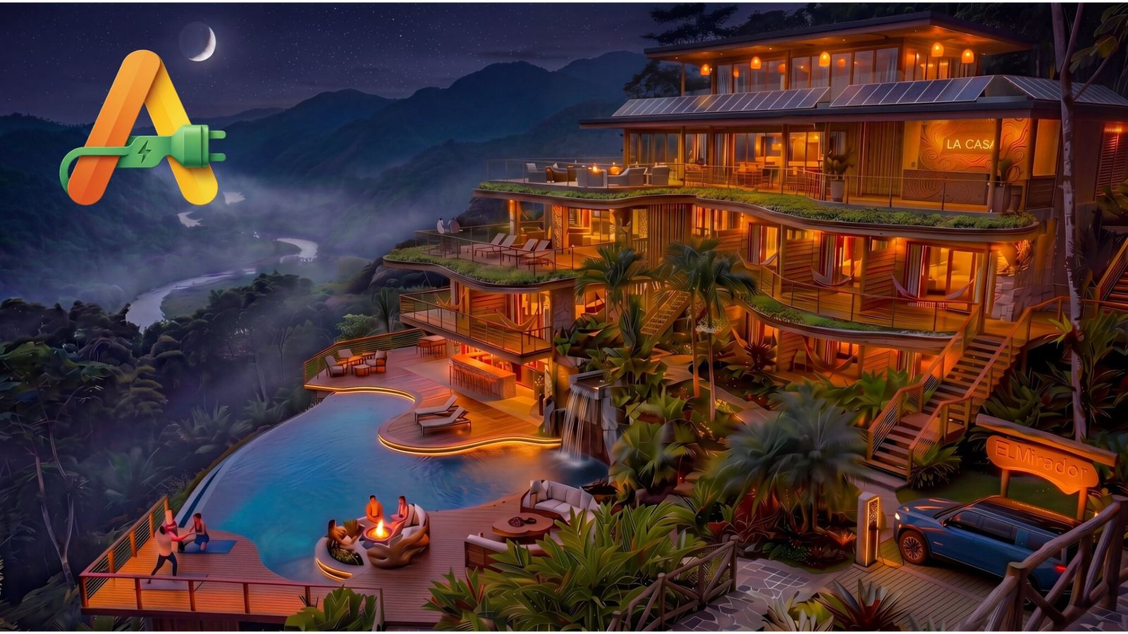 A hillside resort running entirely on ANEW power under the moon