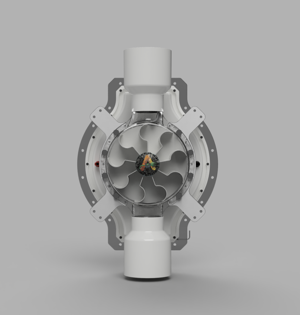 ANEW micro-hydro water turbine — inline drain-pipe housing with the runner visible behind its window, studio render