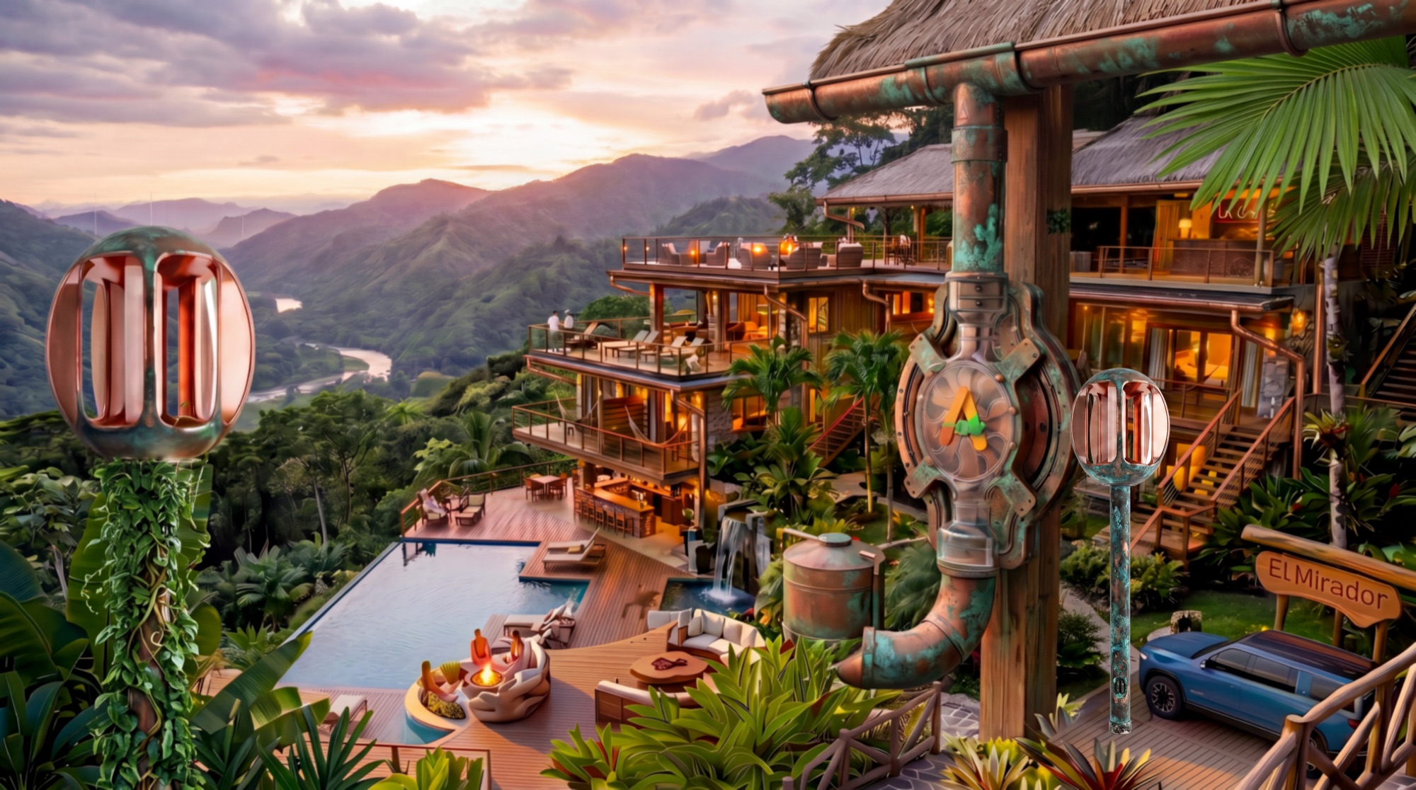 ANEW water turbines fed by pipes on the side of a rainforest home, generating around the clock