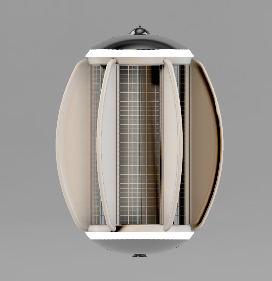 ANEW vertical-axis wind turbine — outer stator wings, bird mesh and glowing dome light bands, studio render